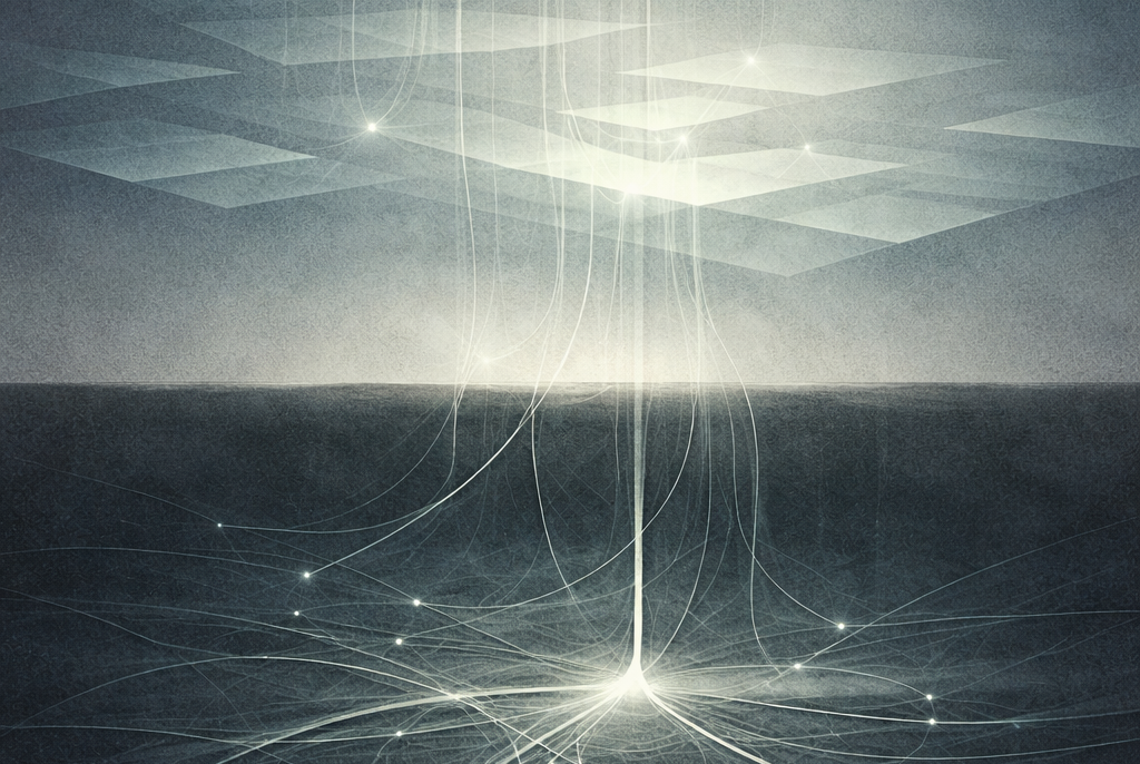 Abstrakte, überlagerte Ebenen als visuelle Darstellung stufenübergreifender Signaldivergenz in der Halbleiter-Lieferkette