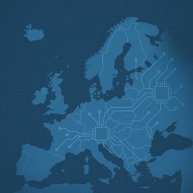 European Semiconductor Supply Chain Resilience – SourceArc Semi Abstract illustration of Europe with circuit patterns symbolizing semiconductor supply chains and resilience across mature technologies.