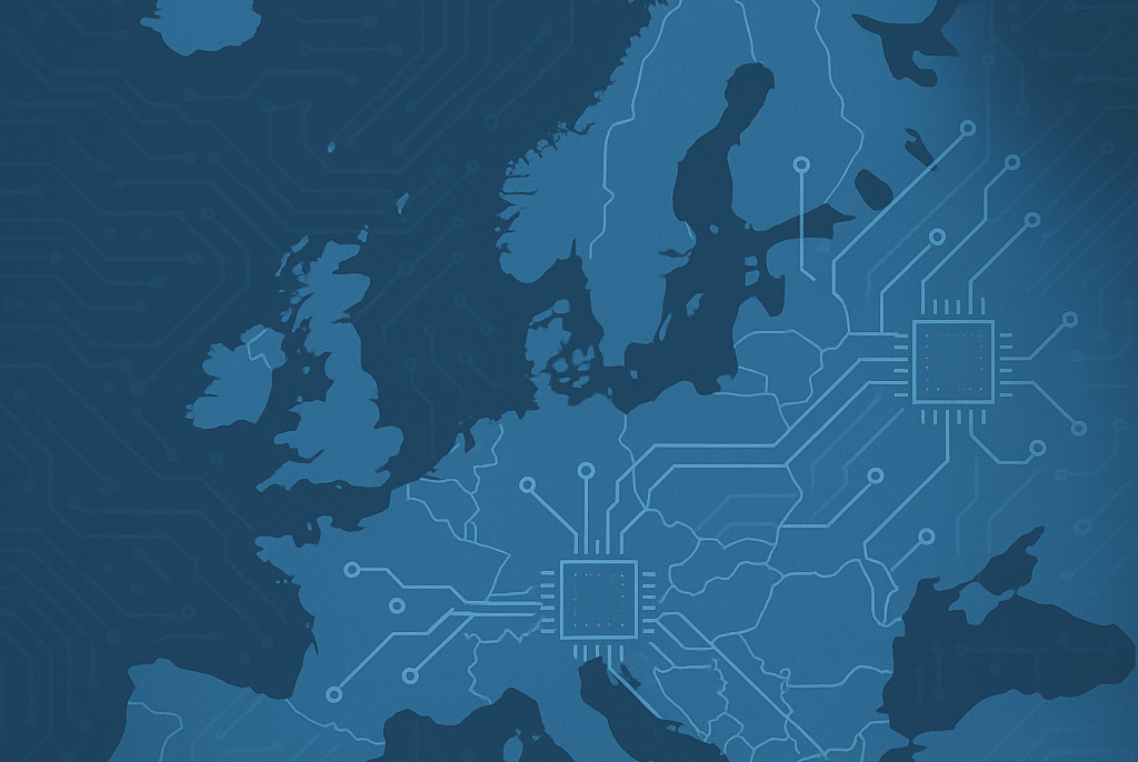 Abstract illustration of Europe with circuit patterns symbolizing semiconductor supply chains and resilience across mature technologies.