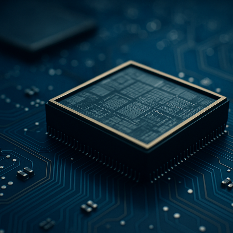 Semiconductor chip representing Europe’s supply chain resilience challenge. Close-up of a semiconductor chip on a circuit board – symbolizing global supply chain challenges and resilience strategies.