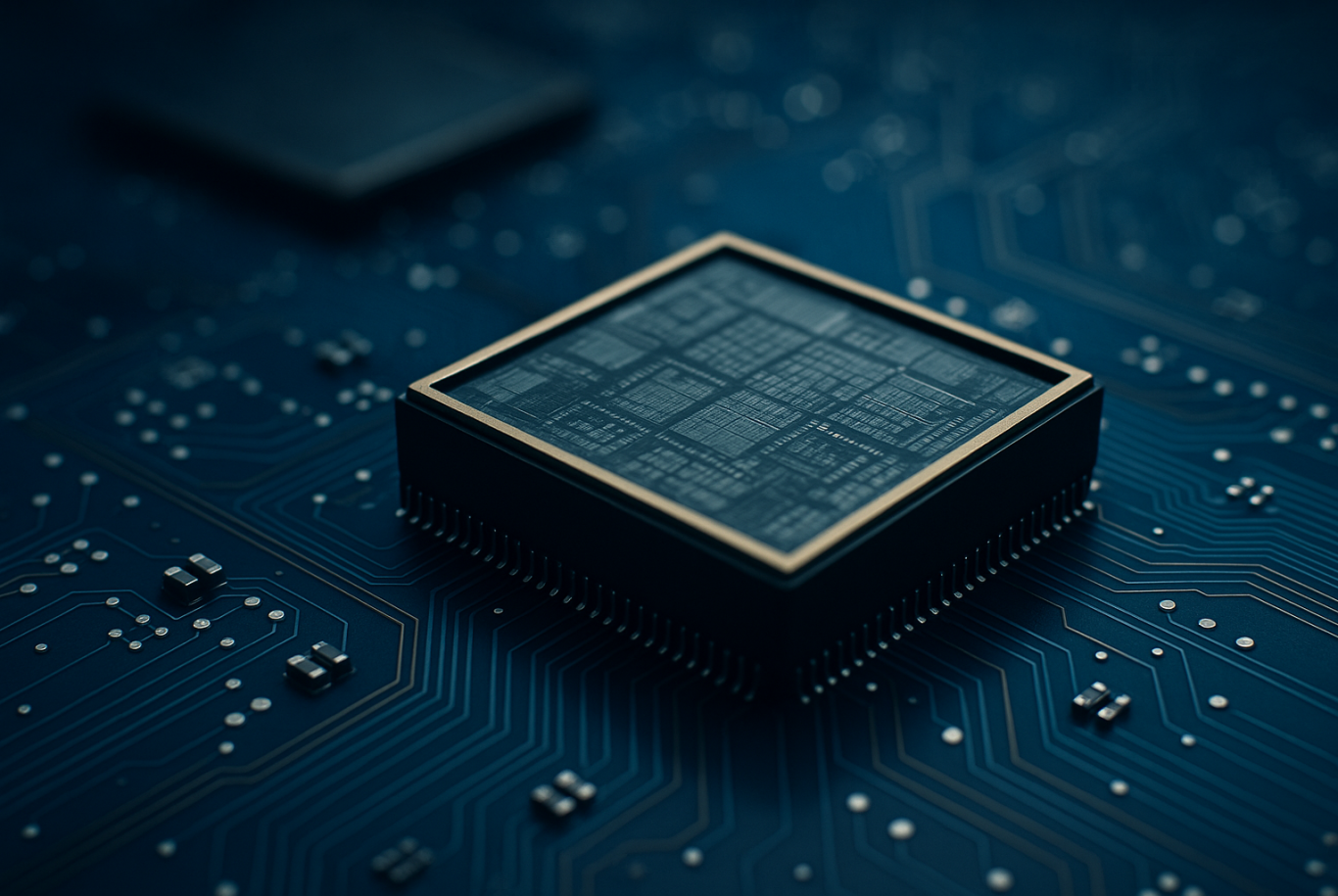 Semiconductor chip representing Europe’s supply chain resilience challenge. Close-up of a semiconductor chip on a circuit board – symbolizing global supply chain challenges and resilience strategies.